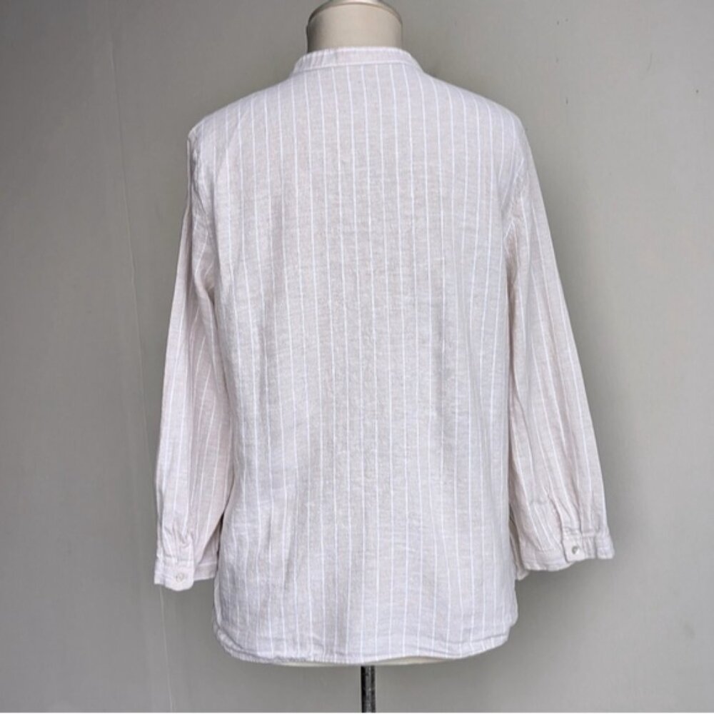 Linen Striped Ruffle Button Down Blouse - image 3